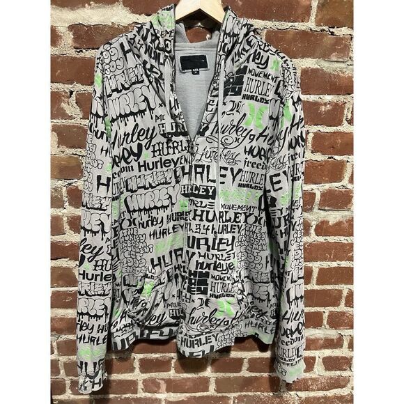Vintage Y2K Hurley Full Zip AOP Hoodie Gray Green 2XL - Picture 1 of 3